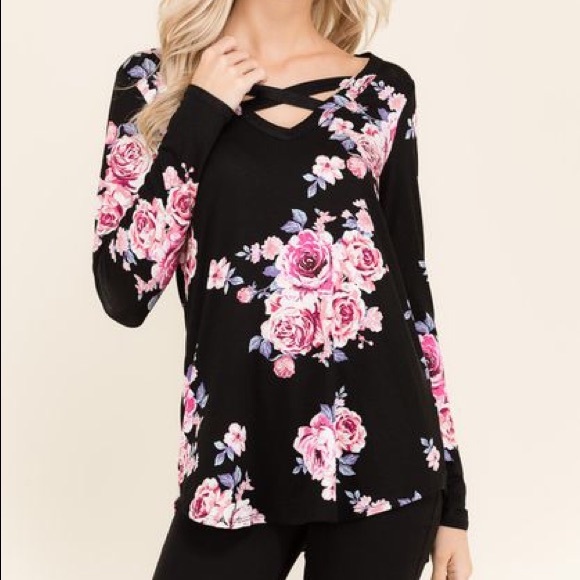 Cross cross front black floral tunic - Picture 2 of 2